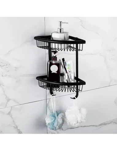 Полка для ванной Frap F352-16, двойная, угловая, нержавеющая сталь, черный, с крючками