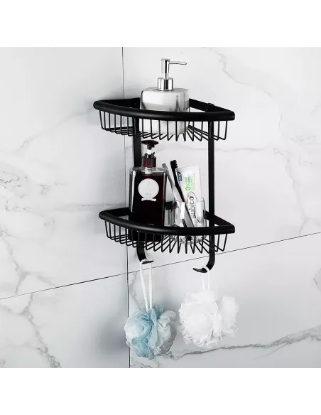 Полиця для ванної Frap F352-16, подвійна, кутова, нержавіюча сталь, чорний, з гачками