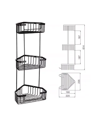 Полка для ванной Frap F351-26, тройная, угловая, нержавеющая сталь, черный