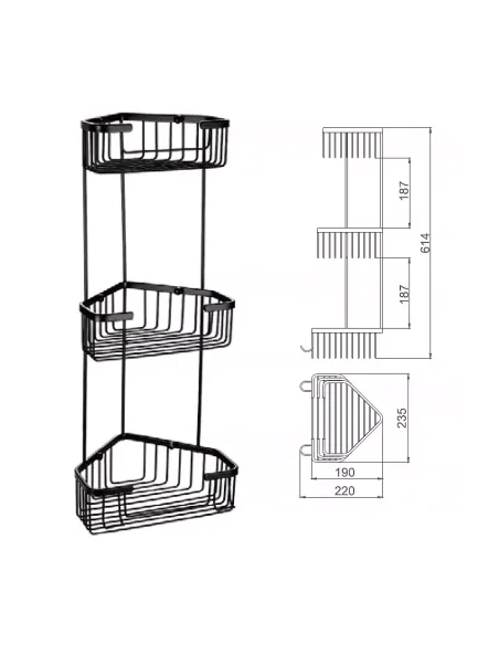 Полиця для ванної Frap F351-26, потрійна, кутова, нержавіюча сталь, чорний