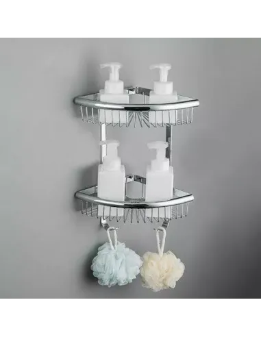 Полиця для ванної Frap F352-1, подвійна, кутова, нержавіюча сталь, хром, з гачками