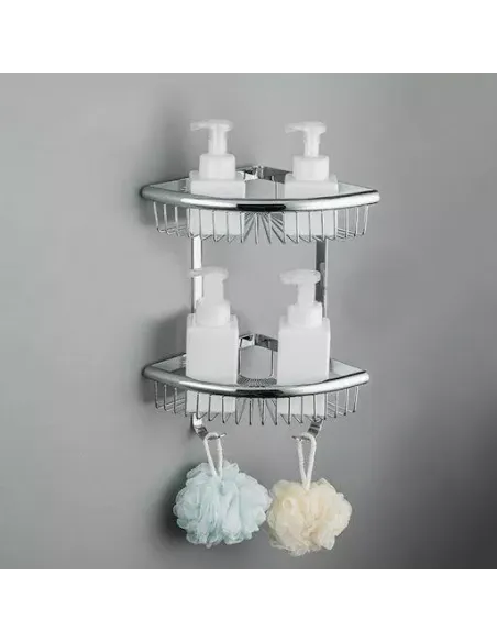 Полка для ванной Frap F352-1, двойная, угловая, нержавеющая сталь, хром, с крючками