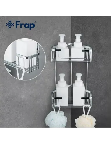 Полиця для ванної Frap F351-1, подвійна, кутова, нержавіюча сталь, хром, з гачками