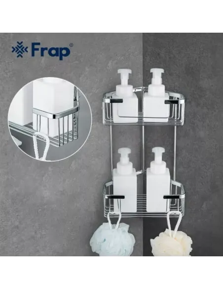 Полиця для ванної Frap F351-1, подвійна, кутова, нержавіюча сталь, хром, з гачками