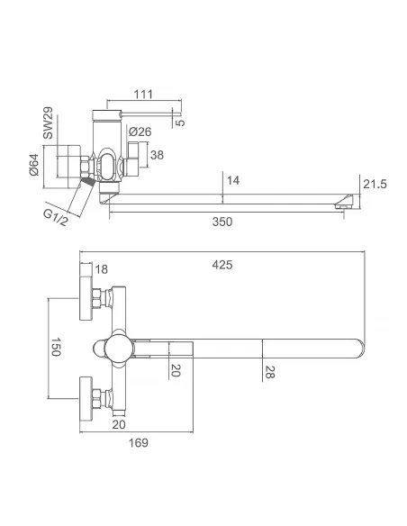Змішувач для ванни F2267-6 із душовим набором, чорний.