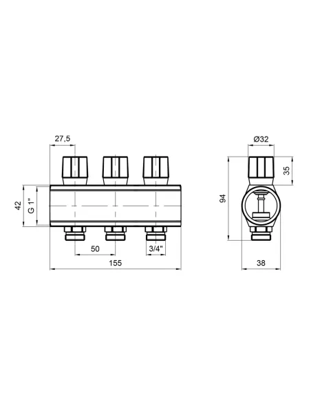 Коллектор распределительный Icma № 1105 Red с регулировочными вентилями, 3 выхода, 1 дюйм