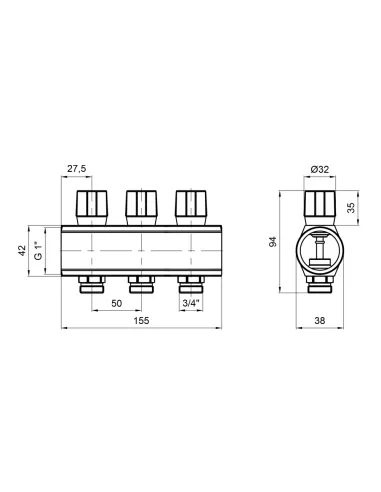  Колектор розподільний Icma № 1105 Blue з регулювальними вентилями, 3 виходи, 1 дюйм
