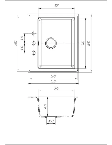 Мийка кухонна кам`яна квадратна Romzha Pătrat Avena 501, 600x520x200 мм - 3