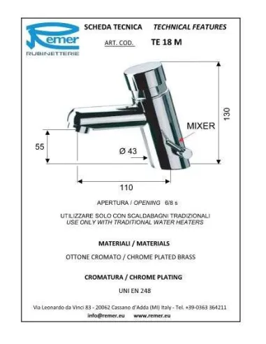 Кран дозатор для умивальника Remer Tempor TE18M (1/2) - 1