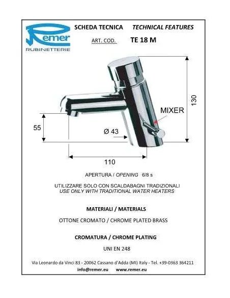 Кран дозатор для умивальника Remer Tempor TE18M (1/2) - 1