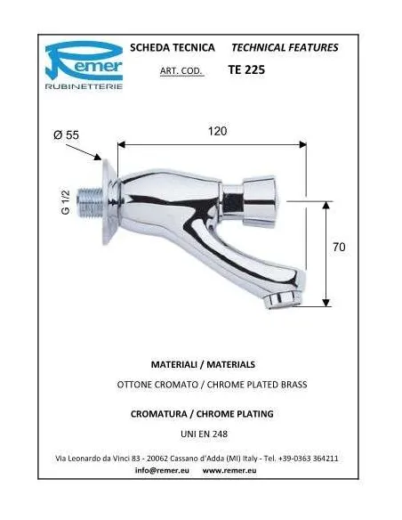 Кран дозатор для умывальника Remer Tempor TE225 (настенный, 1/2) - 1