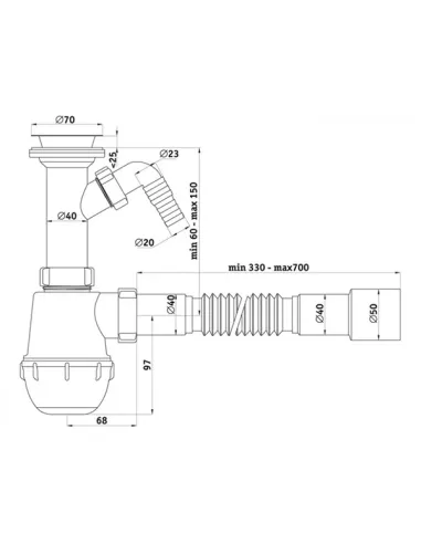Сифон для мойки Ani Plast А 20 15 с отводом для стиральной машины, с гибкой гофрой, 1.5 дюйма