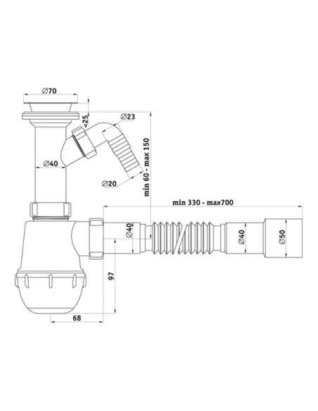 Сифон для мойки Ani Plast А 20 15 с отводом для стиральной машины, с гибкой гофрой, 1.5 дюйма