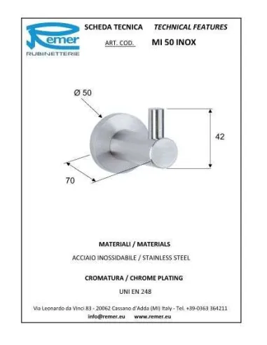 Крючок для полотенец Remer Minimal MI 50 Inox одинарный - 1