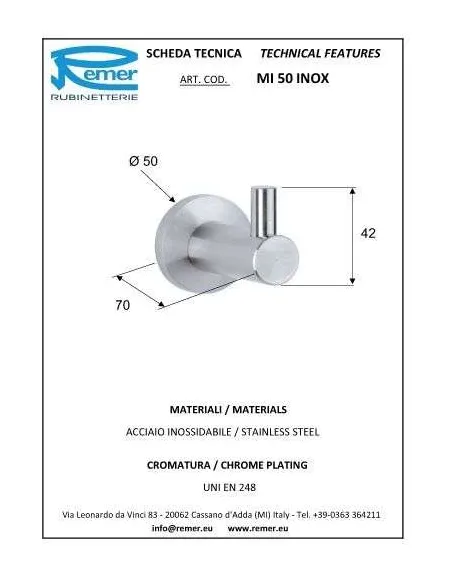 Крючок для полотенец Remer Minimal MI 50 Inox одинарный - 1