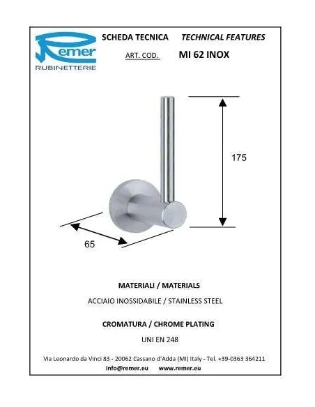 Тримач для туалетного паперу Remer Minimal MI 62 Inox (вертикальний) - 1