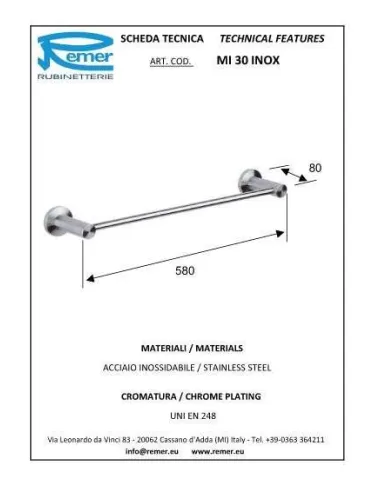 Полотенцедержатель Remer Minimal MI 30 Inox 60 см, хром - 1