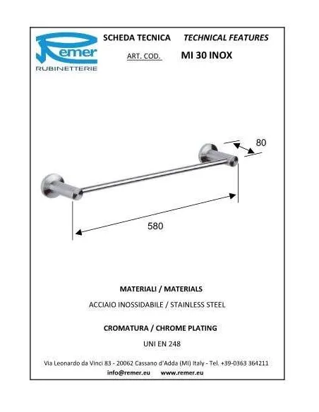 Полотенцедержатель Remer Minimal MI 30 Inox 60 см, хром - 1