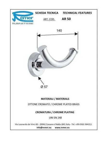 Крючок для полотенец Remer Arte AR50 двойной - 1 Крючок для полотенец Remer Arte AR50 двойной - 1