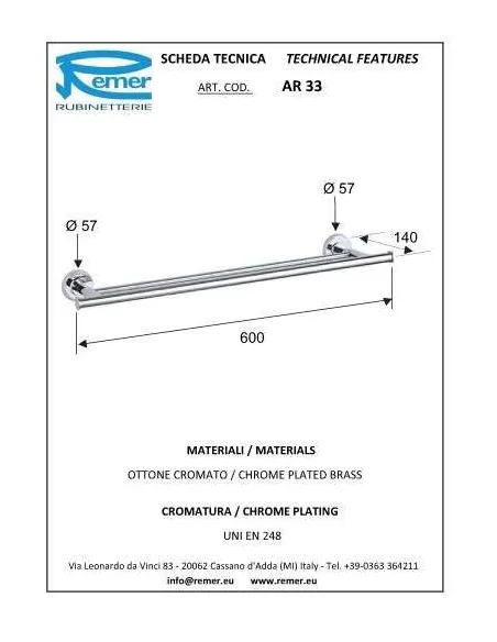 Полотенцедержатель Remer Arte AR33 двойной, 60 см, хром - 1