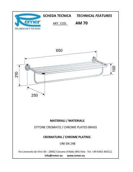 Рушникотримач Remer Amica AM70 (з полицею, 60 см, хром) - 1