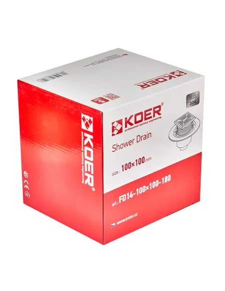 Канализационный трап Koer FD14-100x100-180 SUS304, 100x100 мм, нержавеющая сталь, прямой отвод