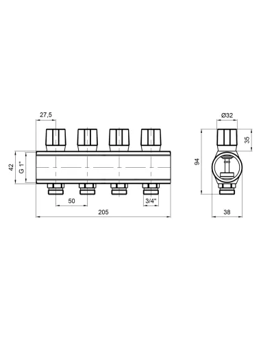 Колектор розподільний Icma № 1105 Blue 1 дюйм, 4 виходи, з регулювальними вентилями