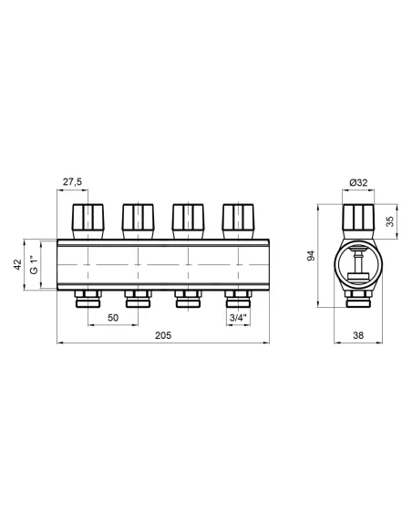 Колектор розподільний Icma № 1105 Blue 1 дюйм, 4 виходи, з регулювальними вентилями