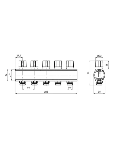 Колектор розподільний Icma № 1105 Blue 1 дюйм, 5 виходів, з регулювальними вентилями