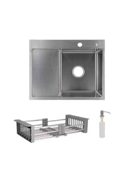 Комплект Lidz Handmade H6350L Мийка для кухні Brushed в комплекті з дозатором, Кошик для кухонного миття K01G