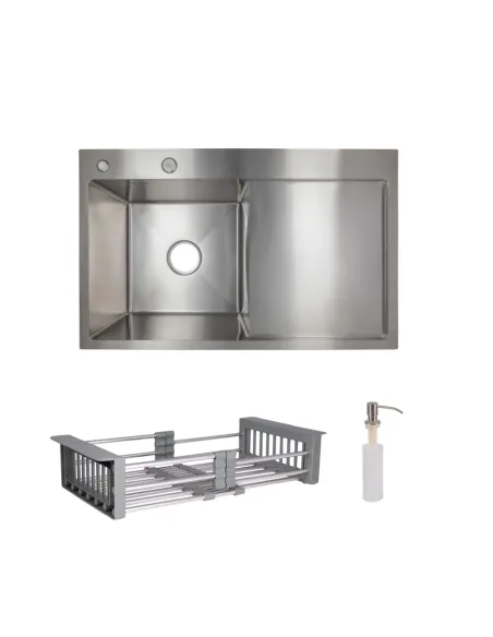 Комплект Lidz Handmade H7849R Мойка для кухни Brushed в комплекте с дозатором, Корзина для кухонной мойки K01G