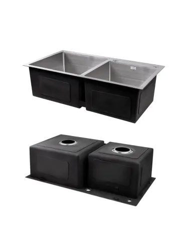 Комплект Lidz Handmade H7843 Мийка для кухні з двома чашами Brushed в комплекті з дозатором, Кошик для кухонного миття K01G