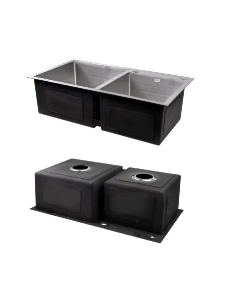 Комплект Lidz Handmade H7843 Мойка для кухни с двумя чашами Brushed в комплекте с дозатором, Корзина для кухонной мойки K01G