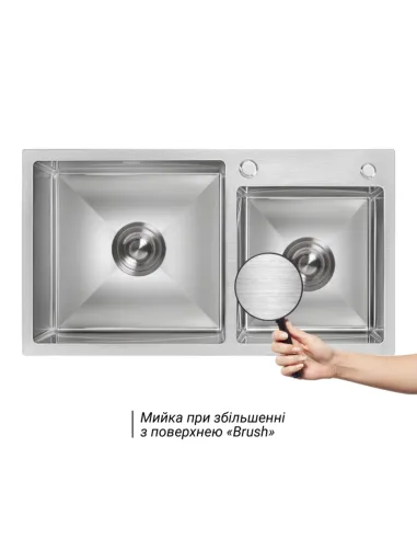 Комплект Lidz Handmade H7843 Мойка для кухни с двумя чашами Brushed в комплекте с дозатором, Корзина для кухонной мойки K01G