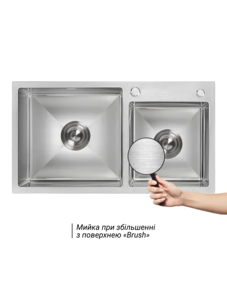 Комплект Lidz Handmade H7843 Мойка для кухни с двумя чашами Brushed в комплекте с дозатором, Корзина для кухонной мойки K01G