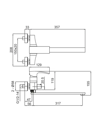 Змішувач для ванни Koer KB-42007-05 із душовим набором, чорний