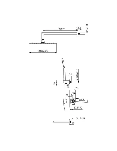 Душова система Koer KB-68007-05, прихованого монтажу, із змішувачем водоспад, чорний