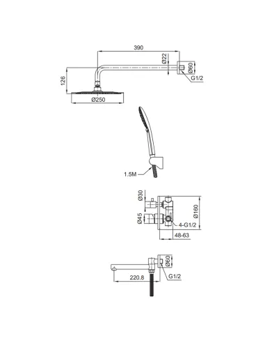 Душевая система Koer KI-66018-02 SUS304, скрытого монтажа, нержавеющая сталь, стальной