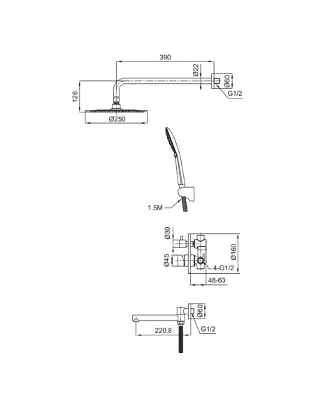 Душевая система Koer KI-66018-02 SUS304, скрытого монтажа, нержавеющая сталь, стальной