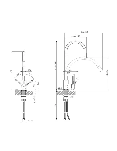 Змішувач для кухні Kroner KRP Edelstahl Klassisch - PVD035BLK, з гнучким виливом