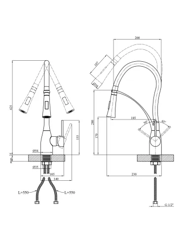 Змішувач для кухні Kroner KRP Ersel - GRP03393BLK, з гнучким виливом