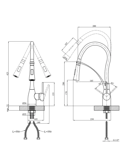 Смеситель для кухни Kroner KRP Ersel - SCH03393BLK , с гибким изливом