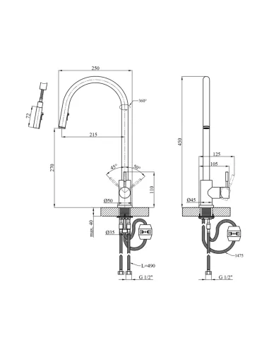 Смеситель для кухни Kroner KRP Edelstahl Klassisch - ESG03915, с выдвижным изливом