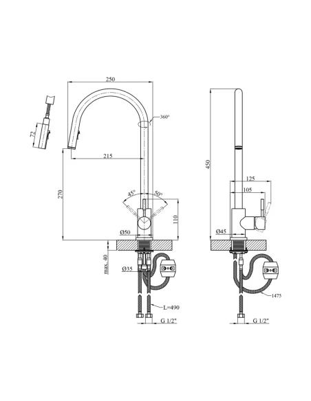 Смеситель для кухни Kroner KRP Edelstahl Klassisch - ESG03915, с выдвижным изливом