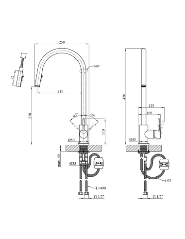 Смеситель для кухни Kroner KRP Edelstahl Klassisch - PVD03915, с выдвижным изливом