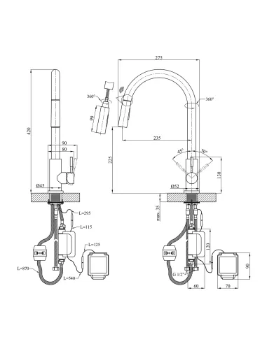 Змішувач для кухні Kroner KRP Edelstahl Klassisch - PVD03916, з висувним виливом, сенсорний