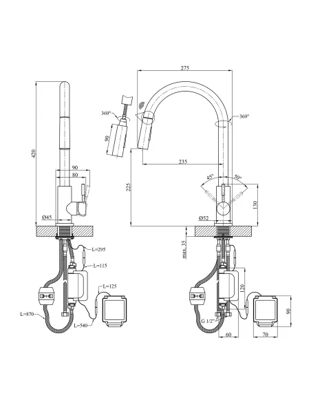 Змішувач для кухні Kroner KRP Edelstahl Klassisch - PVD03916, з висувним виливом, сенсорний Змішувач для кухні Kroner KRP Edelstahl Klassisch - PVD03916, з висувним виливом, сенсорний