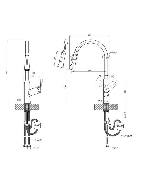 Змішувач для кухні Kroner KRP Graz - GRP030-T, з висувним виливом