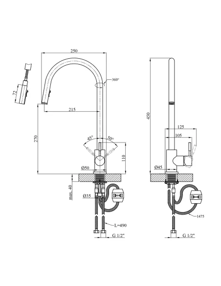 Смеситель для кухни Kroner KRP Edelstahl Klassisch - SCH03915, с выдвижным изливом