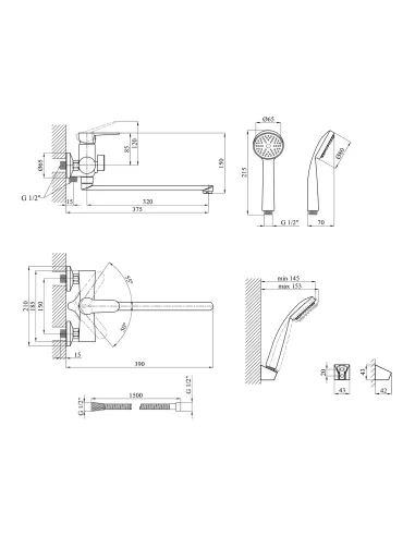 Змішувач для ванни Kroner KRM Elbe - C070, з душовим набором, хром